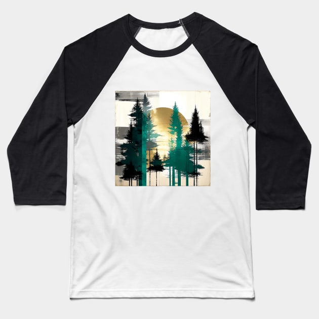 Sunlit Sentinels Rustic Pine Trees Abstract Baseball T-Shirt by The Art Mage